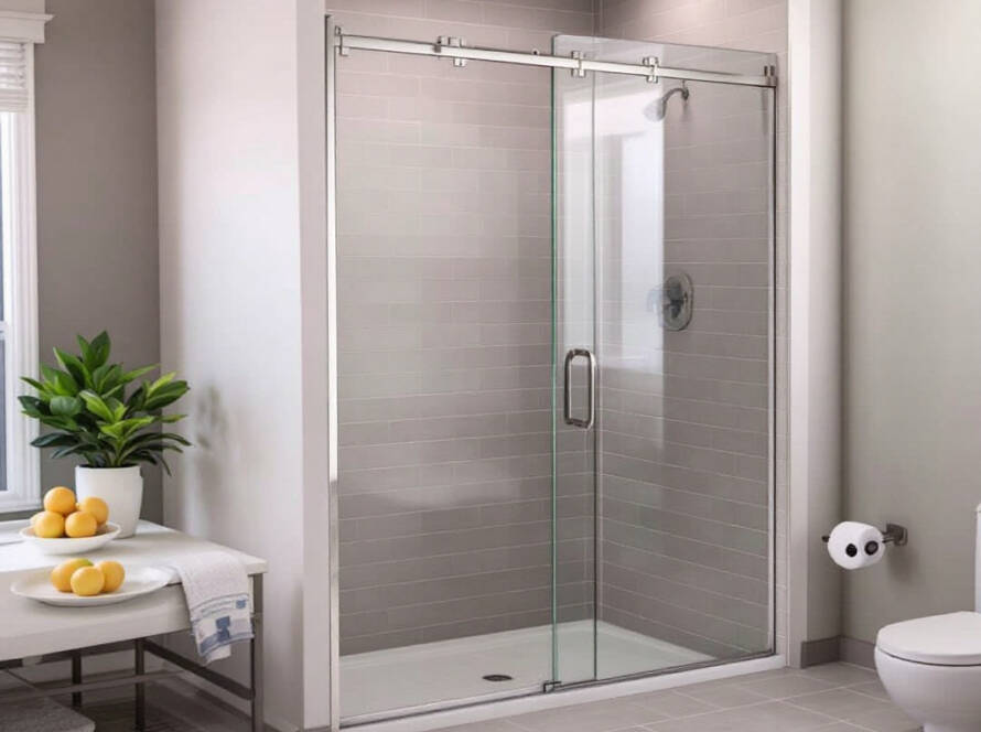 Alt Text: "Elegant modern shower door installation in a contemporary bathroom in Hanover, MA"