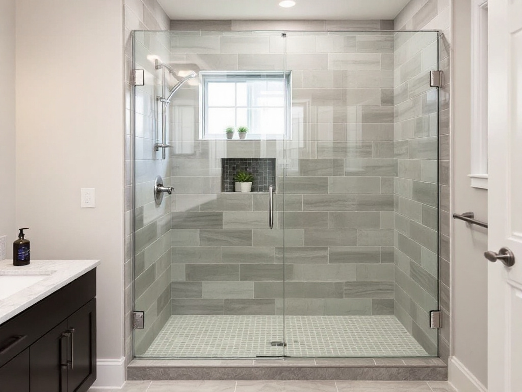 Alt Text: A professionally-installed shower door demonstrating excellent craftsmanship in a home near Boxborough, MA.