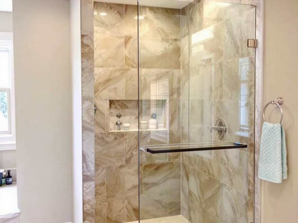 A professional installing a sleek, contemporary sliding shower door as part of a new modern bathroom update.