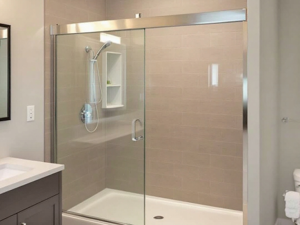 A person professionally installing a sliding shower door.