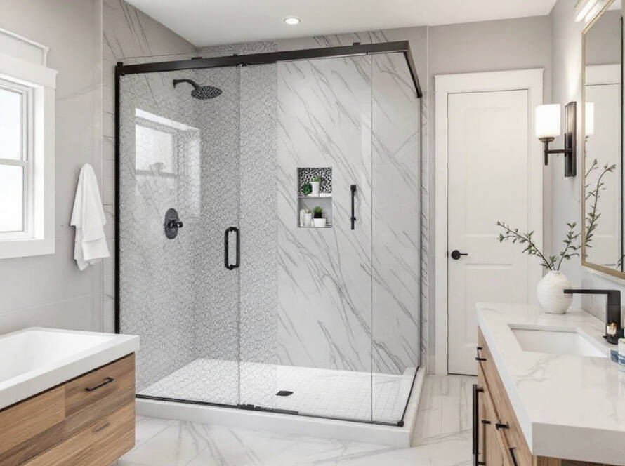 Modern sliding glass shower doors installed in a Boston home, reflecting a contemporary design style.