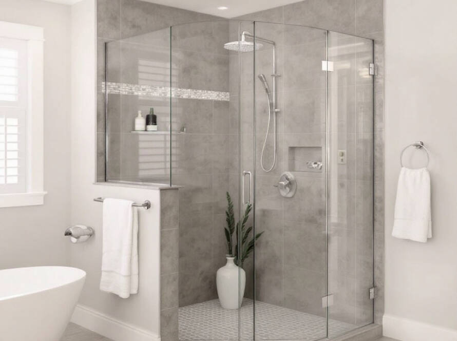 A modern and contemporary Boston custom shower door design in a refreshed bathroom.