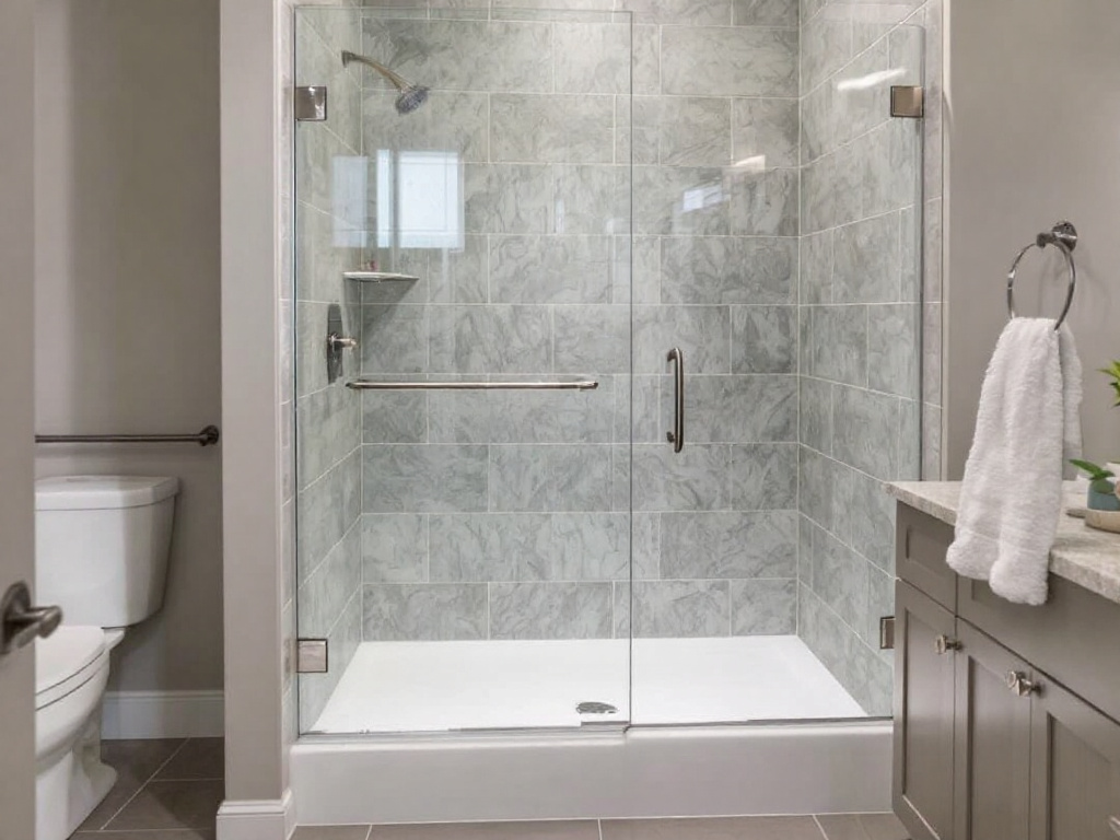 Glass shower door specially designed by Boston Custom, transforming a bathroom space