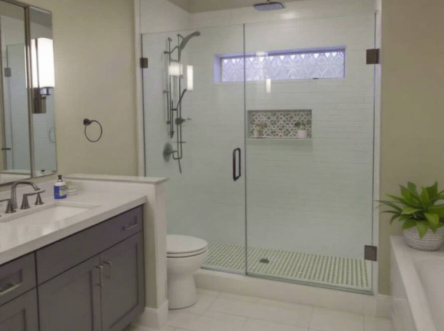 Alternative text: Modern innovative rollercoaster-inspired shower door design in Boston.
