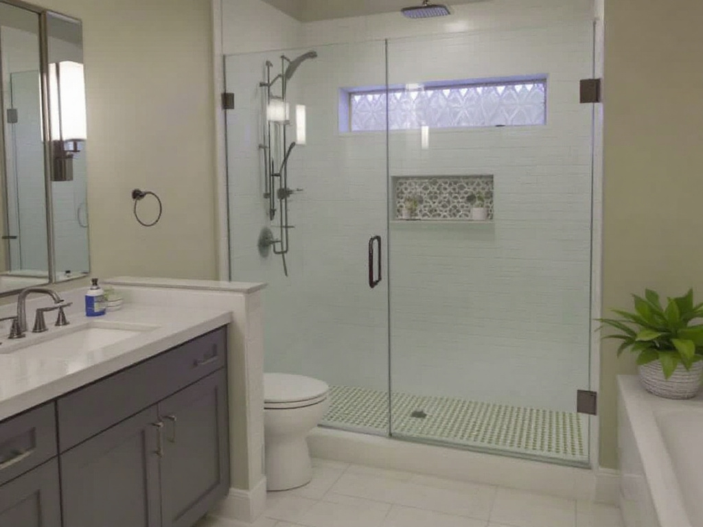Alternative text: Modern innovative rollercoaster-inspired shower door design in Boston.