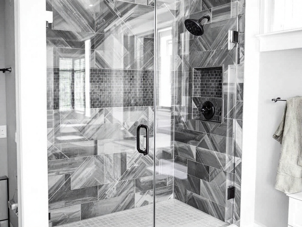 Professional setting up a sleek modern shower door in a contemporary styled bathroom near Hingham MA.