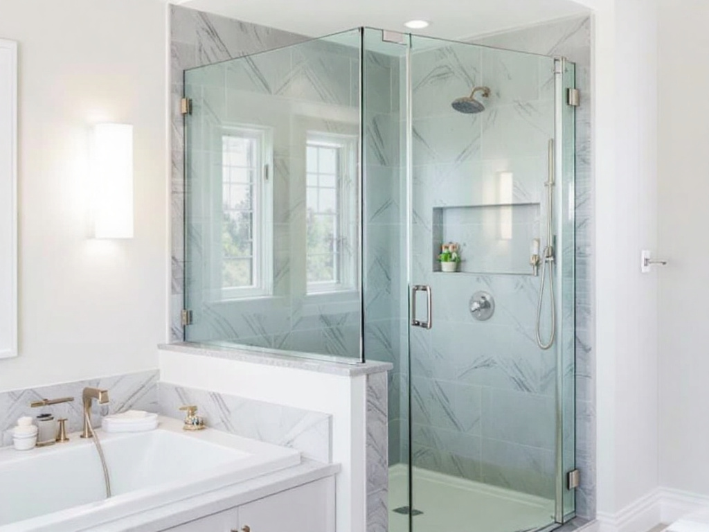 Specialist at work installing a shower door near Hingham, MA. 
