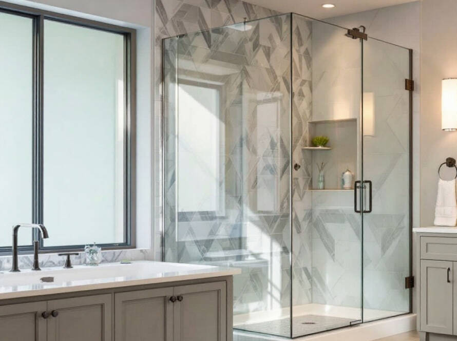 Alt Text: Expert worker installing a new contemporary designed shower door in a Boston home for optimal bathroom elegance.