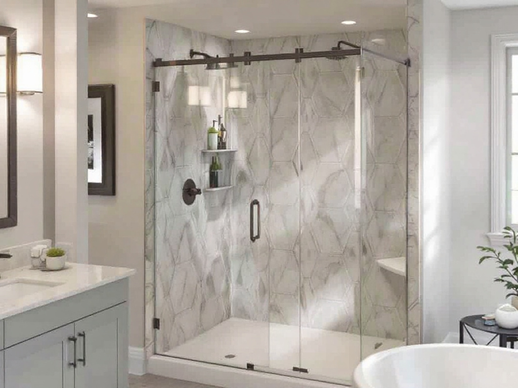 Expert team in Boston installing a glass shower door, enhancing the elegance of a modern bathroom.