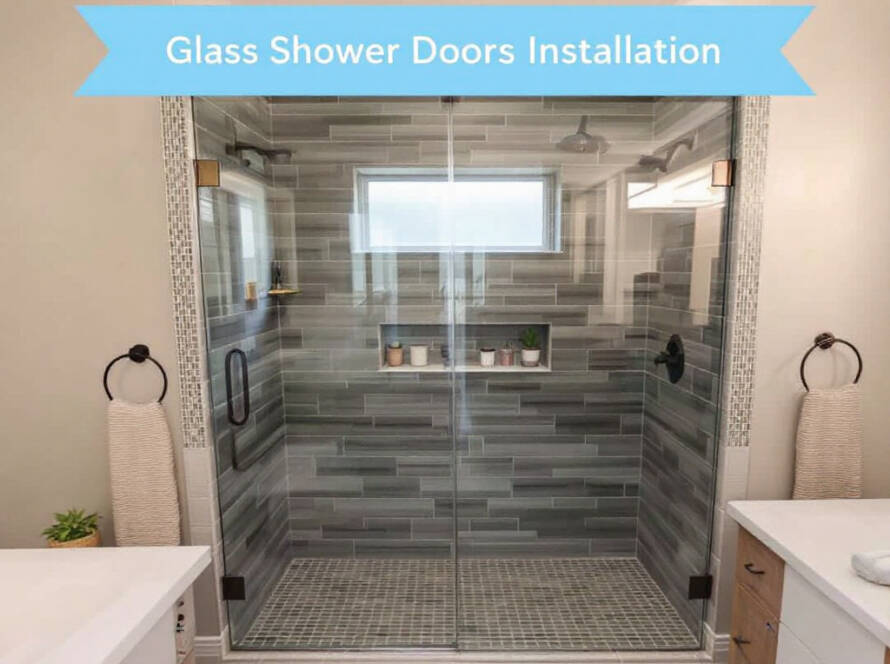 Alt Text: A professional installing a modern, contemporary glass shower door in Allston, MA.