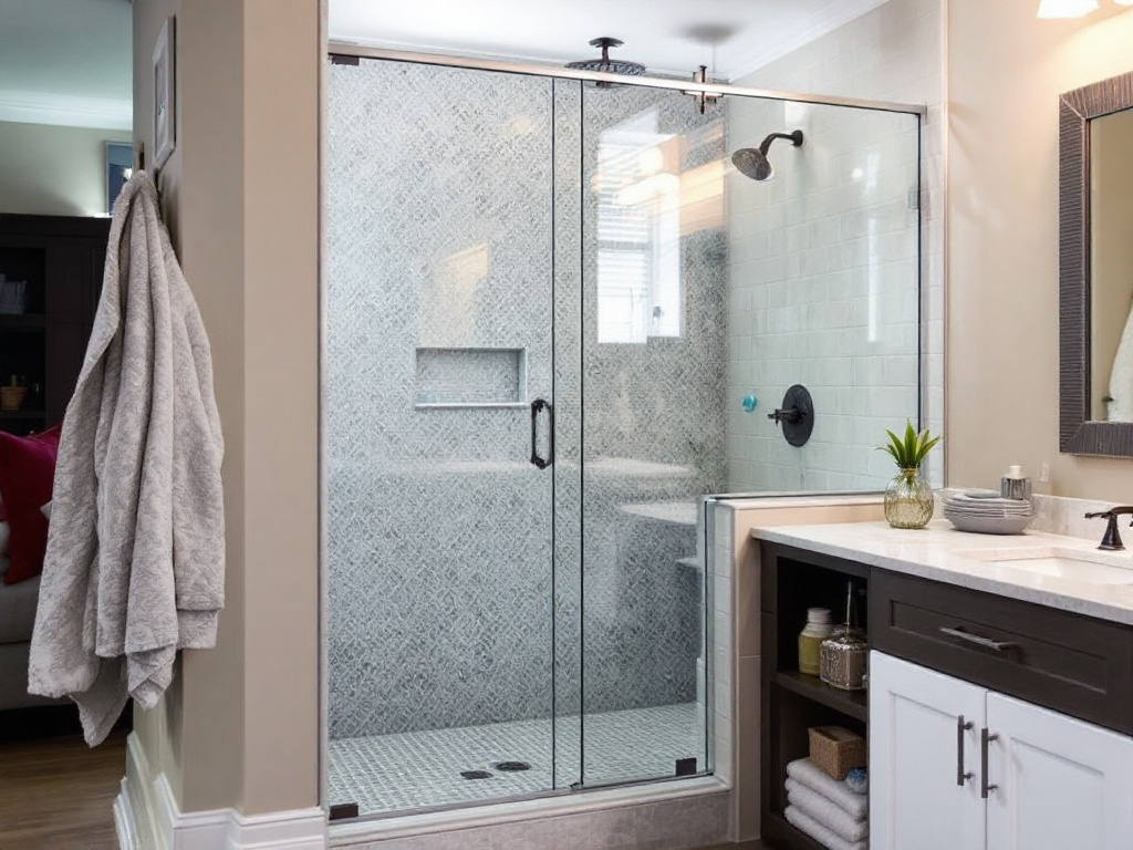 A professional finishing a glass shower door installation in Allston, MA.