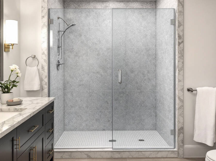 "Elegant frameless glass shower door installation in a modern home near Saugus MA"