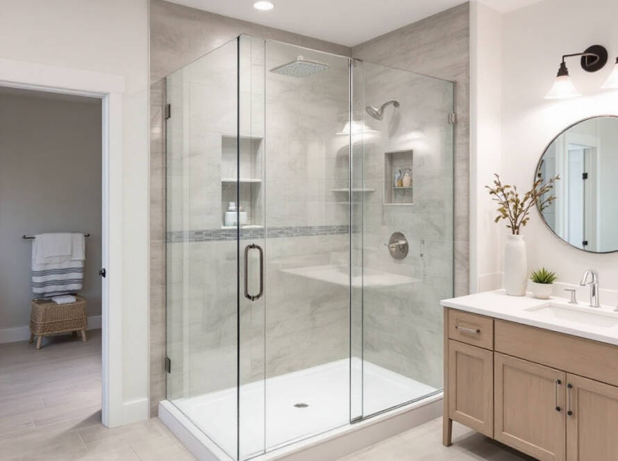 Modern frameless shower door boasting contemporary design blended seamlessly in a bathroom near Somerville, MA.