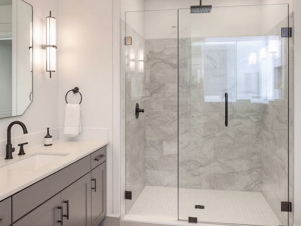 A modernized, seamless shower door upgrade in a bathroom near Somerville, MA.