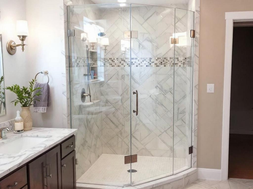 Alt Text: A custom frameless bathroom glass door showcasing a modern and contemporary design in a newly renovated bathroom near Walpole, MA.