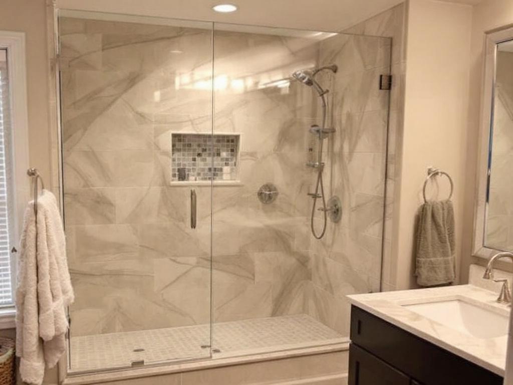Frameless bathroom glass door professionally installed near Walpole, MA.
