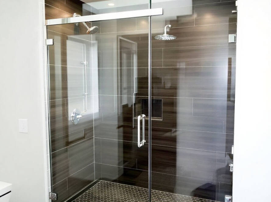 A modern and contemporary custom frameless glass shower door, a new installation in a Boston home.