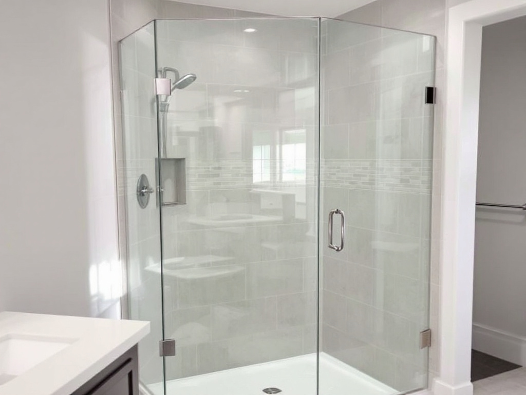 A professional installing custom frameless glass shower doors in a home near Saugus, MA, offering the ultimate solution to shower glass installation.