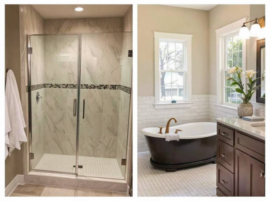 An image displaying the stunning transformation of a modern bathroom in Sherborn, MA after a sliding shower door installation.