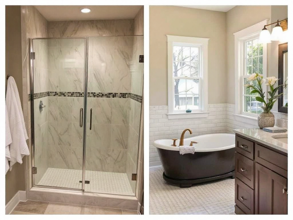 An image displaying the stunning transformation of a modern bathroom in Sherborn, MA after a sliding shower door installation.