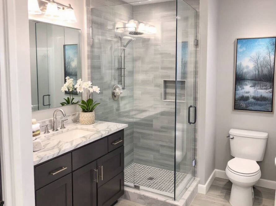 Modern, custom-designed shower door installation in a bathroom near Boston, transforming its look.