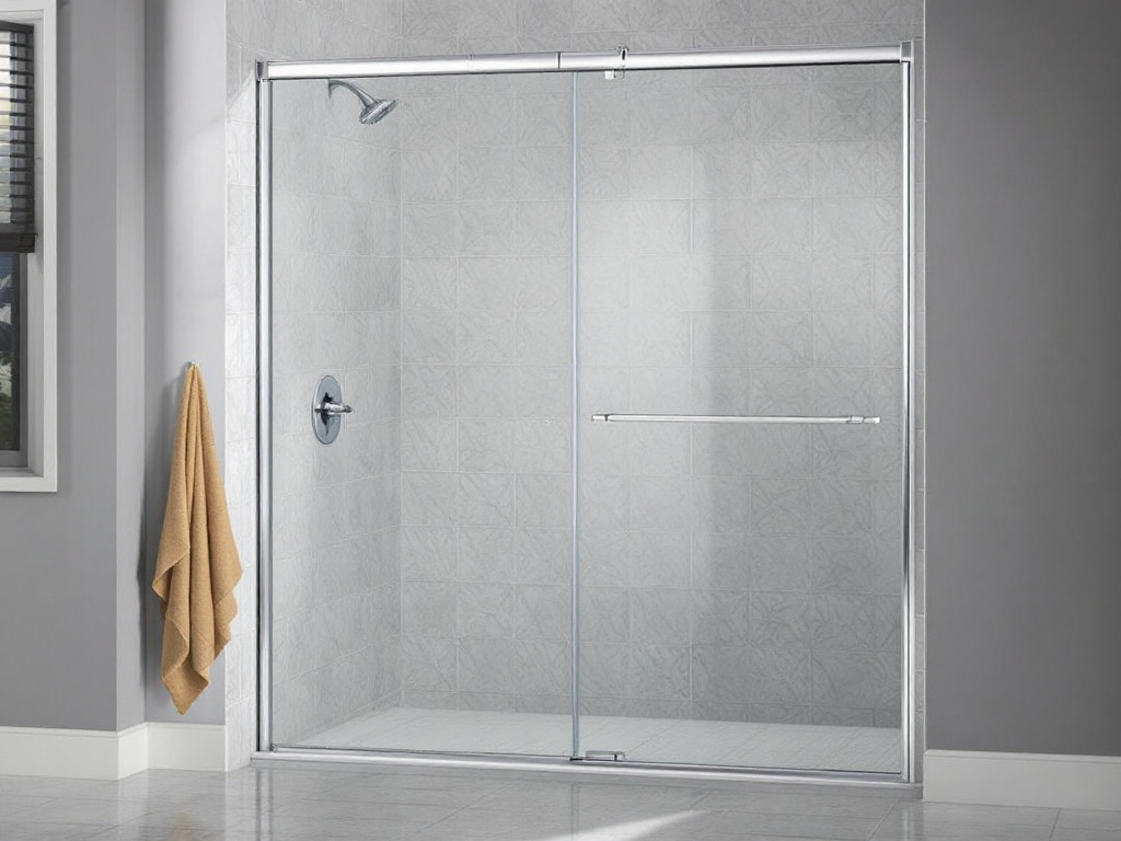 Contemporary designed custom shower door in a modern bathroom.
