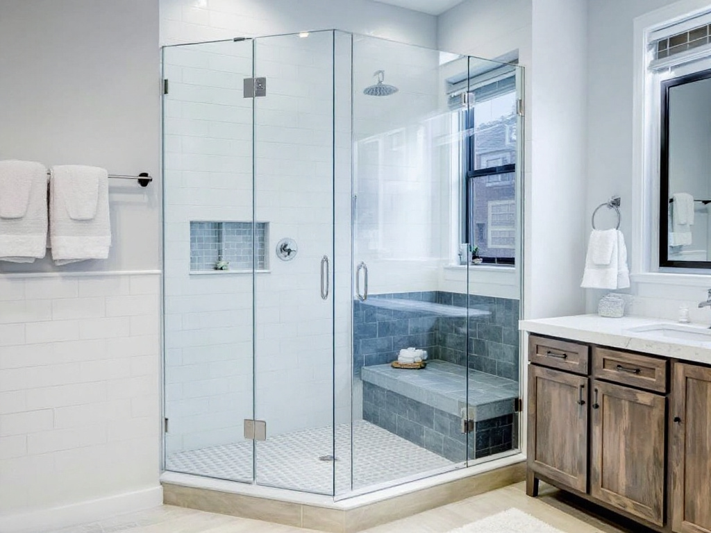 A modern, contemporary-designed frameless shower door installed in a bathroom near Boston, MA.