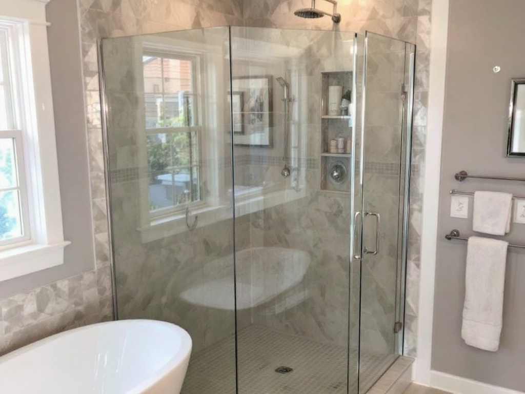 Alt Text: Custom-installed frameless shower door transforming a bathroom near Boston, MA.