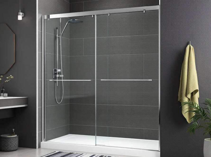 Boston-based contemporary bi-fold shower door in a modern bathroom.