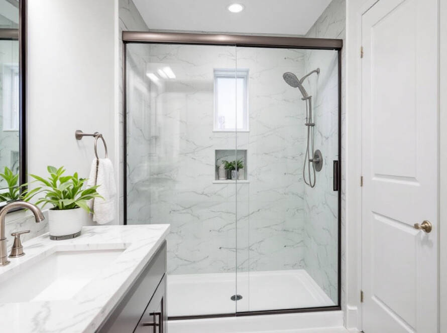 Alt text: Shiny, contemporary sliding shower door adding a modern touch to the bathroom.