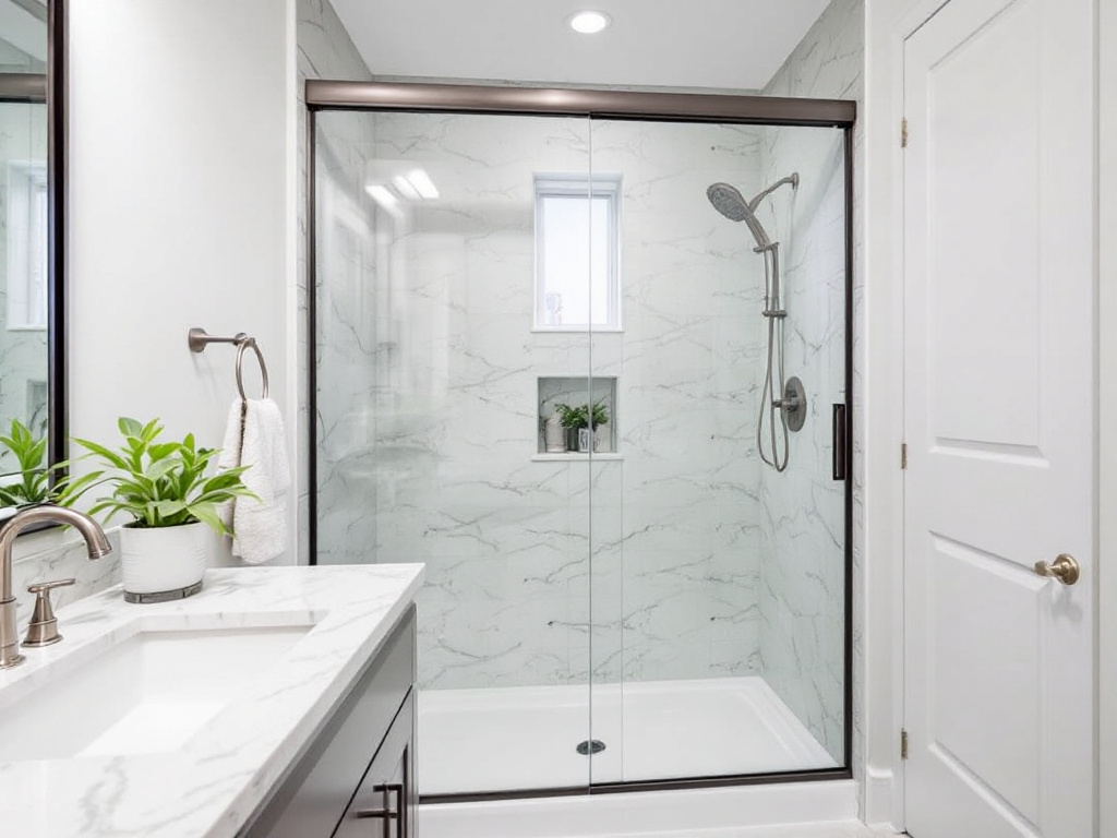 Alt text: Shiny, contemporary sliding shower door adding a modern touch to the bathroom.
