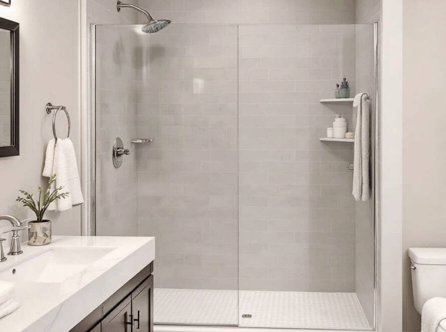 Professional installers performing a sliding shower door installation with a modern, contemporary design in Winchester, MA.