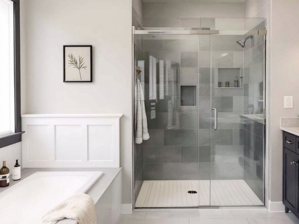 Newly installed modern semi-frameless shower doors, showcasing a contemporary design. 