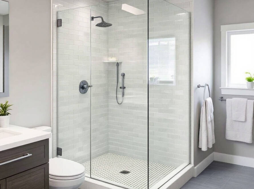 'Expert installers near Westwood, MA installing modern, contemporary shower glass doors'.