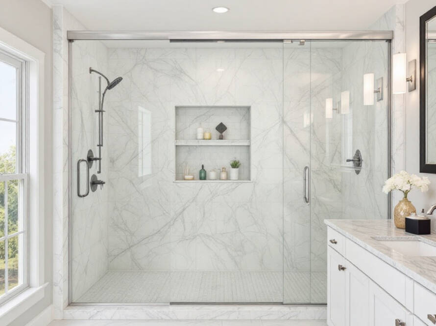 Modern and contemporary design sliding shower door installed by Winchester's Premier installers.