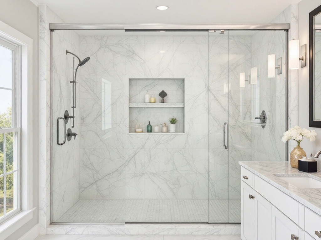 Modern and contemporary design sliding shower door installed by Winchester's Premier installers.