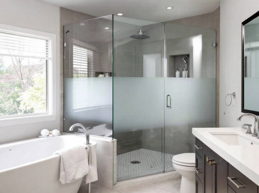 Alt Text: New modern hinged shower door installation in contemporary design showcasing the beauty of custom design.