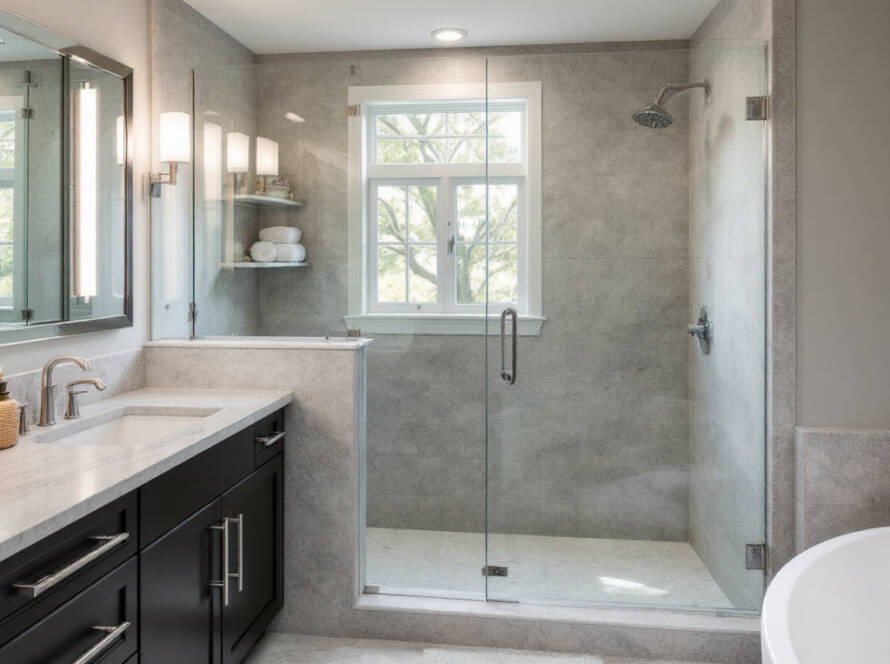 Alt Text: Modern, elegant shower door installation in a contemporary bathroom design in Boston.