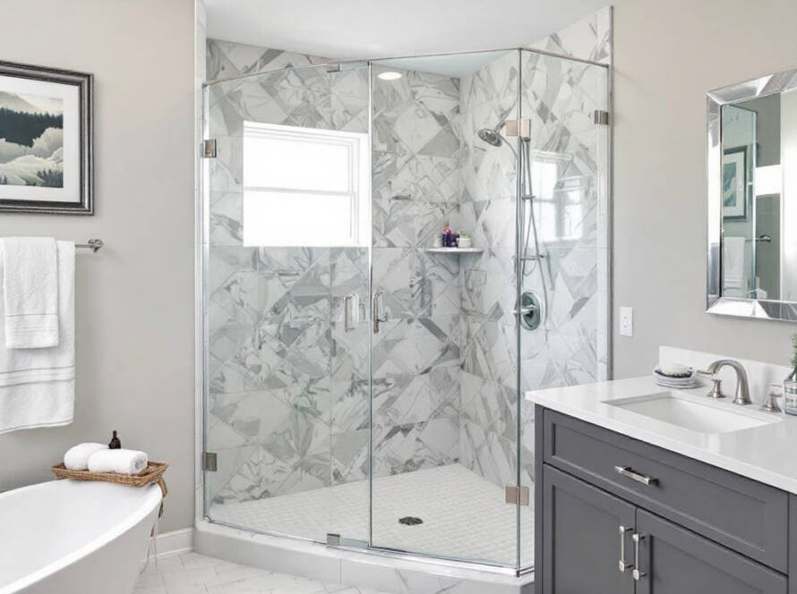 Alternative text: Professional shower door installation showcasing exceptional craftsmanship in a modern, contemporary setting near Billerica, MA.