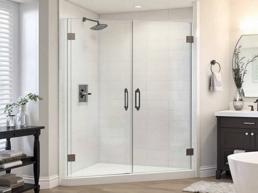 Modern frameless shower doors installed in an elegant bathroom.