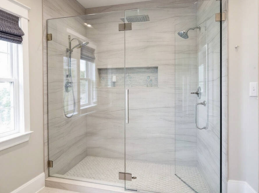 A professionally installed frameless shower door showcasing modern elegance in a house near Weymouth MA.